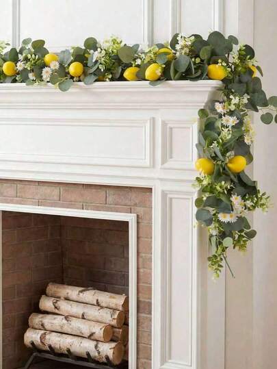 1/2/3pcs Artificial Eucalyptus Leaves Lemon Garland, Faux Lemon Fruit Vine Hanging Ivy With White Daisies, Suitable For Room, Kitchen, Graduation Decoration, Outdoor Garden, DIY, Porch Wall Fireplace Farmhouse, Wedding, Summer Home Decor