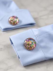 6/2/1pc Colorful Terrazzo Glitter Button Covers - Artistic Mosaic Round Cufflinks Covers, Vintage French Shirt Cuff Clips For Women - Multicolor - View 4