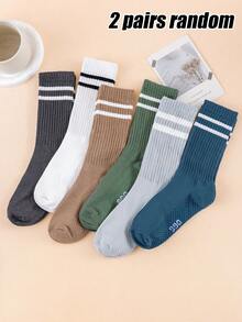 2/6 Pairs Random Women's Extended Mid-Calf Socks, Sports Versatile Striped Two-Bar College Style, Suitable For Yoga, Casual, Back To School, Home Wear - Multicolor - View 7