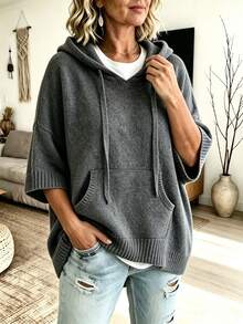 Plus Size Hooded Knit Sweater, Loose 3/4 Sleeve Drawstring V-Neck Pullover, Women's Winter Vacation & Outdoor Wear - Dark Grey - View 3