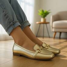 Women's Square Toe Loafer With Chain Detail, Comfortable Casual Style - Gold - View 2