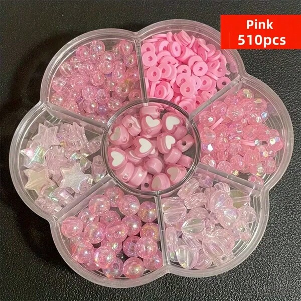 510pcs Pink Small Plum Blossom Grid Beads, Handmade Jewelry DIY Necklace Bracelet Earrings Hair Accessories Phone Chain Car Hanging Backpack Pendant Keychain And Exquisite Craft Accessories Production (Color Difference May Exist Between Different Batches, Subject To Actual Product)