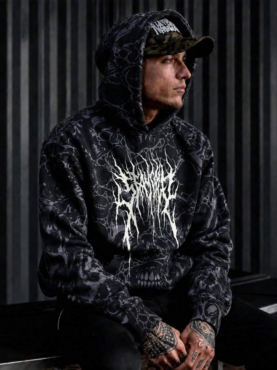 Sudadera con capucha para hombre de otoño/invierno, estilo americano oscuro, estética gótica, subcultura, vintage, elemento de terror, estampado de calavera en todo el Body, para uso diario, hogar, oficina, exterior, ciudad, regular, calle, casual, juvenil, minimalista, campus, retro, versátil, texturizada, elegante, personalizada, deportes - Multicolor - Ver 1
