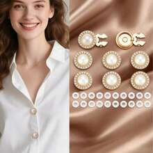 8件組珍珠水鑽合金平圓白色鈕扣袖扣，附20顆免縫塑膠鈕扣夾，適合生日、聖誕、婚禮禮物 - 彩色 - 查看 2