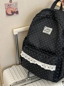 Minimalist Large Capacity Polka Dot Backpack With Multiple Pockets And Lace, School Bag For Travel, Outings, Shopping, Vacation, Fit Laptop, Clothes - Black - View 3
