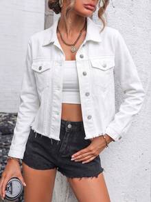 Women's Classic Long Sleeve Turn Collar Denim Jacket, Traceable Cotton, Autumn Casual - White - View 2