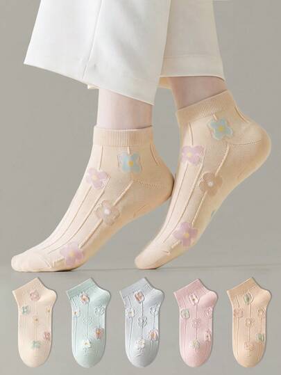 ZUJO 5 Pairs Of Women's 3D Floral Pattern Short Socks, Skin-Friendly Soft Breathable Socks,Suitable For All Seasons Daily Wear