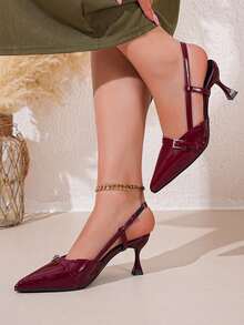 Women Burgundy Gloss Point Toe Slingback Heels, Metal Buckle Flared Heel Back Strap Sandals For Party Date Night - Burgundy - View 12