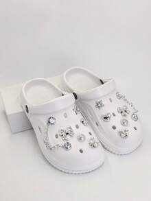 Women's Bling Rhinestone Bow Chain Decor Clogs Flat Non-Slip Closed Toe Slippers Indoor Outdoor Beach Casual Sandals - White - View 3