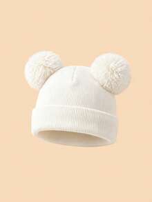 1PC Toddler Cute Double Pom Pom Folded Cuff Beanie, Simple Comfortable Knitted Hat, Suitable For Toddler Autumn/Winter Daily Home Wear, Outdoor Outfits, Warm Casual Winter Hat, Can Be Given As A Gift - Multicolor - View 7