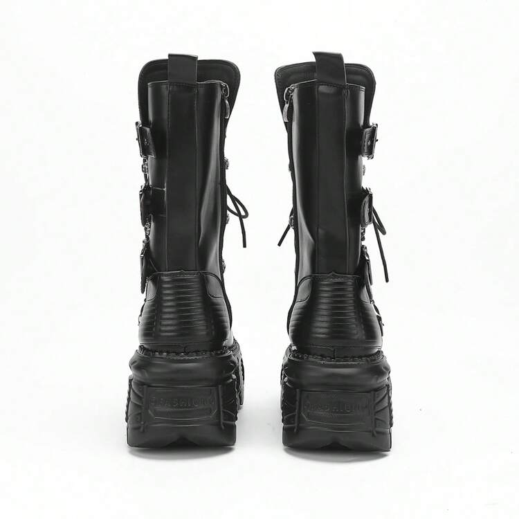 European And American Dark Punk Flame Thick Sole Boots Women Gothic Style Metal Tank Sole Platform Mid-Calf Motorcycle Boots - Black - View 3