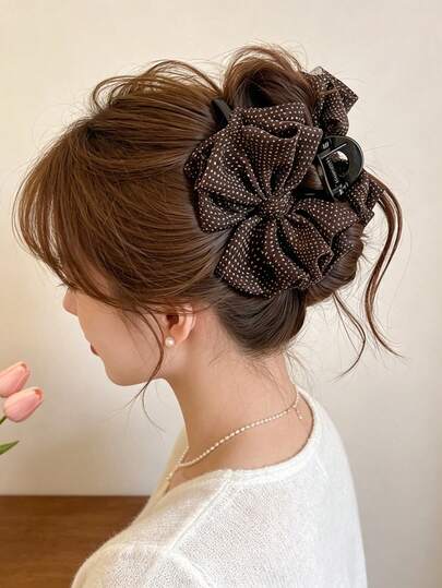 1 Piece Of Lady's Polka Dot Bow Hair Clip, A Full-Back Hair Hair Claw, An Elegant Hair Accessory For Hair, Suitable For Daily Wear