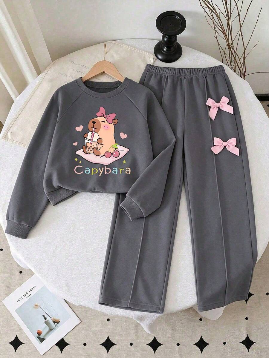 Tween Girl Cartoon Print Crew Neck Sweatshirt And Bow Decor Long Pants - Dark Grey - View 1