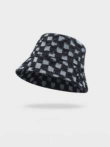 1件中性棋盤格提花做舊帽簷漁夫帽，防曬，復古街頭風，日常穿搭，音樂節，大頭圍設計 - A - 查看 20