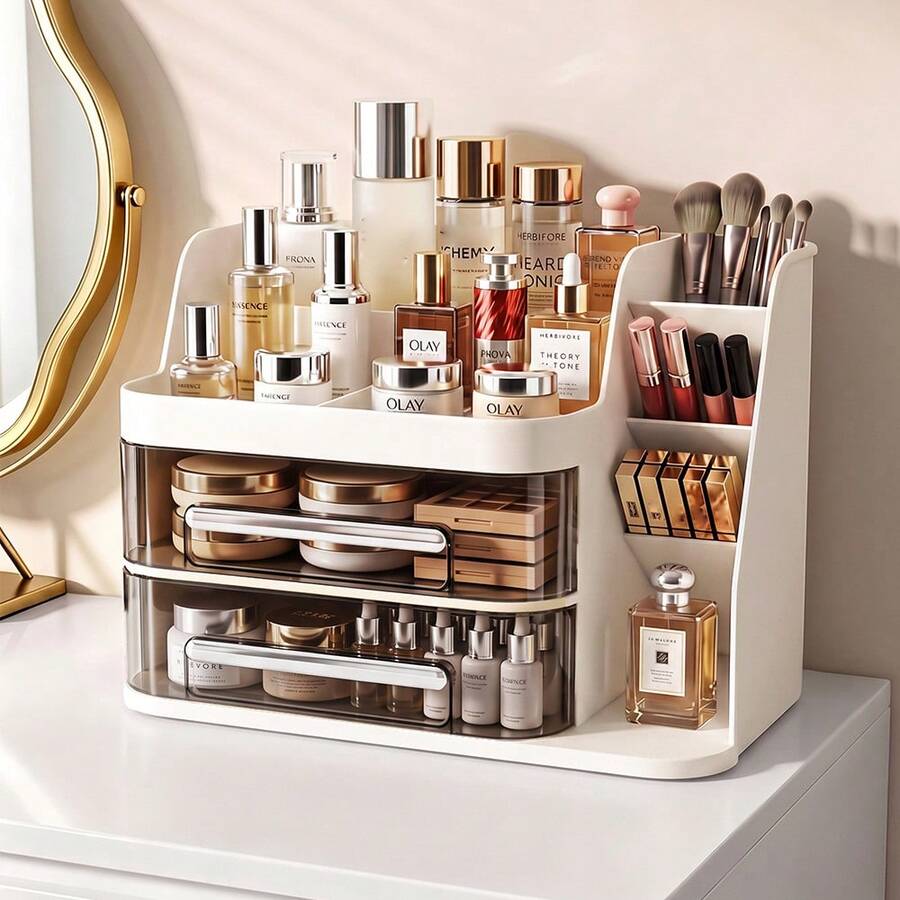 1 buah Kotak Penyimpanan Makeup Bergaya Laci Kapasitas Besar, Rak Organizer Perawatan Kulit & Lipstik, Kotak Penyimpanan Perawatan Kulit Laci Transparan, Organizer Kompartemen Kuas Makeup, Organizer Alat Tulis Kantor Multifungsi - View 1
