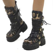 European And American Dark Punk Flame Thick Sole Boots Women Gothic Style Metal Tank Sole Platform Mid-Calf Motorcycle Boots - Black Gold - View 2