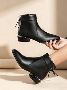 Women's Classic Black Pointed Toe Chunky Heel Ankle Boots With Back Tie And Side Zipper, Fashionable Versatile Office And Casual Boots - Black - View 3