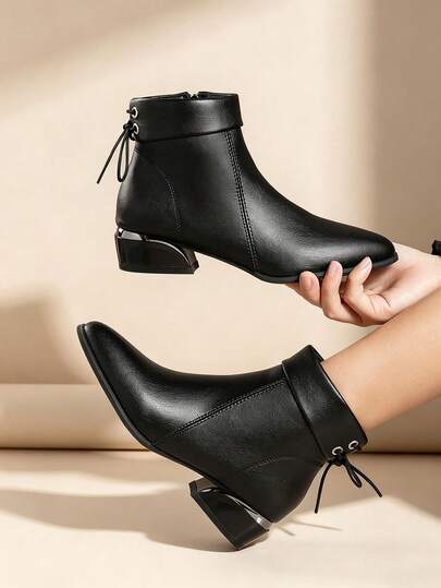 Women's Classic Black Metallic Cut-Out Low Heel Ankle Boots, Back Lace-Up Decor, Side Zipper, Commuter Versatile Fashion Ankle Boots, Autumn/Winter
