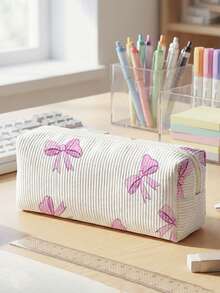 1pc Pencil Case, Stationery Storage Bag, Corduroy Material Bowknot Print Large Capacity Pencil Case For Teenagers, Multi-Function, First Day Of School - Multicolor - View 13