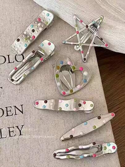 7pcs Colorful Silver Metal Hair Clips New Style Oil Drip Korean Hair Accessories Cute Sweet Bangs Side Clips Suitable For Daily Wear, Shopping And More