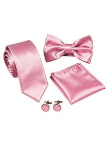 4pcs Men's Business Fashion Versatile Solid Color Polyester Tie & Bow Tie & Pocket Square & Cufflinks Set Suitable For Wedding, Celebration And Daily Wear - Watermelon Pink - View 2