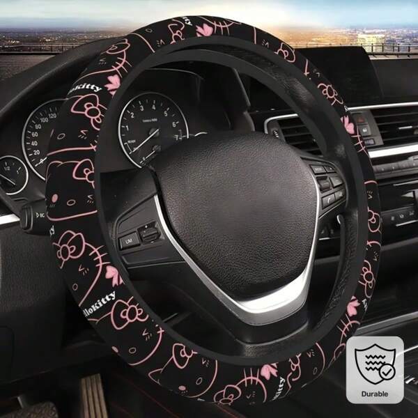 SANRIO 1Pc Hello Kitty Steering Wheel Cover - Suitable For Most Car Models - Pink Floral, Heart, And Star Patterns. Hello Kitty Face Design. Durable Car Accessory (No Inner Ring), Adds Brightness To Car Interior, Great Gift For Family And Friends