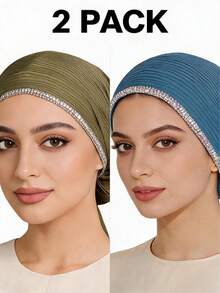 2pcs Women's Fashionable Elastic Exquisite Chain Rhinestone Craft Shiny Bohemian Polyester (Polyester) Knitted Ribbed Fabric All-Season Underscarf - 3-row Rhinestone Chain Headscarf Multi-color - View 13