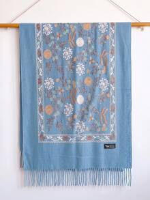 1pc Women's Autumn/Winter Faux Cashmere Embroidered Scarf, Thick Warm Tassel Shawl Cape, Bohemian Style Travel Wrap - Sky Blue - View 2