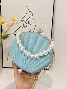 美人魚閃亮貝殼晚宴手拿包，扇貝硬框包，珍珠手柄附可拆式鍊條，女士亮面手提包，適合宴會與派對活動 - 藍色 - 查看 7