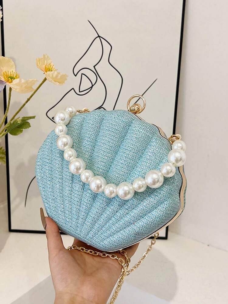 Mermaid Glitter Shell Evening Clutch, Scallop Hard Frame Bag, Pearl Handle With Detachable Chain, Women's Shiny Handbag, Suitable For Banquets And Party Events - Blue - View 7