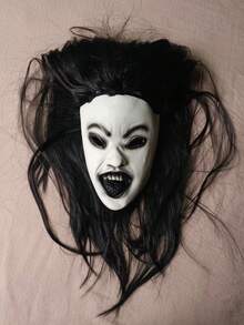 1pc Horror Stitched Face Ghost Mask With Long Black Hair, Female Ghost Cosplay Mask, Halloween Party Haunted House Costume Prop - Multicolor - View 10