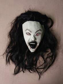 1pc Horror Stitched Face Ghost Mask With Long Black Hair, Female Ghost Cosplay Mask, Halloween Party Haunted House Costume Prop - Multicolor - View 11