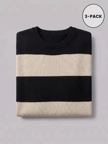 3pcs/Set Men's Mercerized Striped Slim Fit Regular Shoulder Crew Neck Long Sleeve Sweater - Apricot - View 2