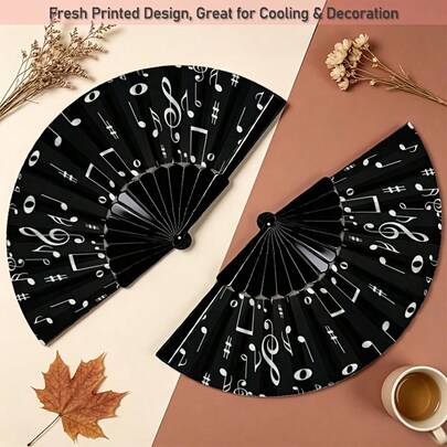 1pc Lightweight Plastic Folding Fan, Craft Fan With Black And White Musical Note Melody Pattern, Portable Cooling Party Atmosphere Accessory, Each Fan Face Color And Pattern Position May Vary Slightly, Randomly Sent