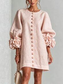 French Three-Dimensional Floral Lantern Sleeve Cotton Linen Dress, Crew Neck Single-Breasted Loose Figure-Concealing Vacation Mini Dress - Pink - View 2