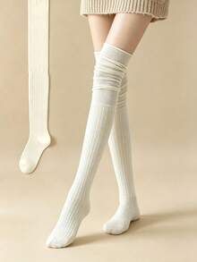 1/4 Pairs Women Solid Vertical Ribbed Knit Thigh High Socks, Casual Slouch Over The Knee Long Socks, Versatile Daily Leg Warmers - Multicolor - View 8
