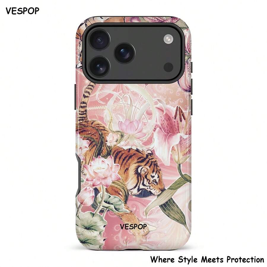 VESPOP Y2K 雙層防震手機殼,亮面設計,鮮豔色彩,適用於 iPhone 17/16/15/14/13 Pro Max、Galaxy S26/S25/S24 Ultra、Pixel 10/9/8 Pro,復古中國虎紋 - 混合色4 - 查看 1
