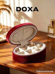 Kotak Penyimpanan Perhiasan Wanita DOXA Oval dengan Resleting, Organizer Anting dan Cincin Ringan, Cocok untuk Penggunaan Sehari-hari dan Hadiah Liburan - Merah - View 4