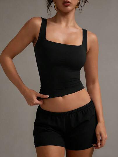 XLLAIS Women's Solid Color Square Neck Sleeveless Tank Top, Slim Fit Casual Wear, Black, Spring/Summer