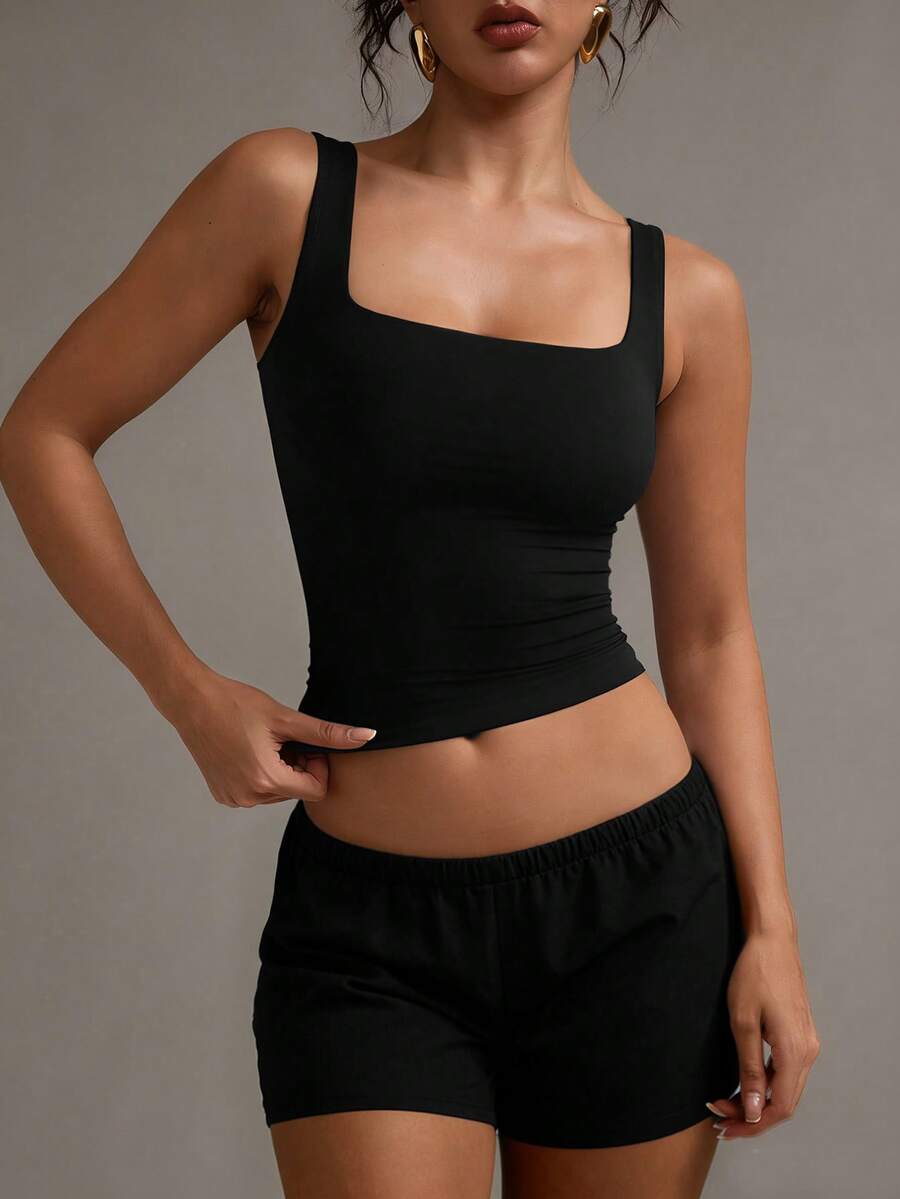 XLLAIS Women Tank Tops & Camis Backless Ruched Plain - Hitam - View 1