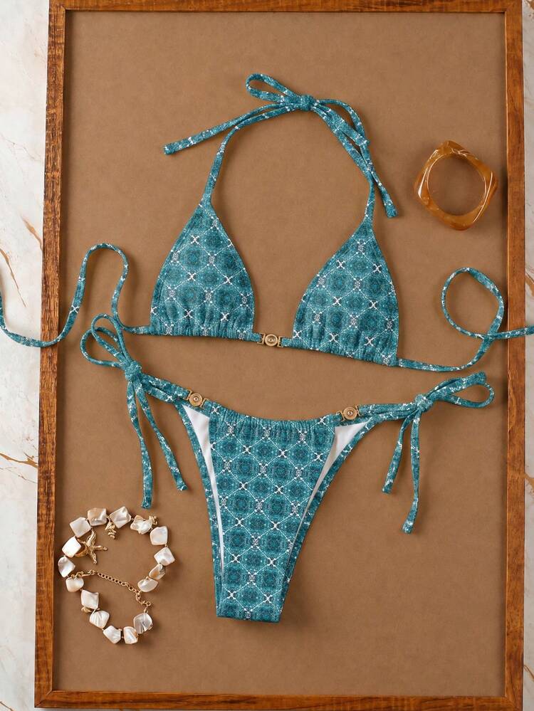 Women's Floral Print Halter Neck Bikini Swimwear Set, Fashionable For Beach Vacation Summer - Multicolor - View 2