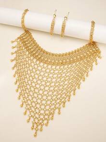 Dubai Luxury Gold Plated Hollow Floral Mesh Tassel Necklace Dangle Earrings Arabian Bridal Wedding Statement Jewelry Set For Women Party Banquet Gifts - Yellow Gold - View 8