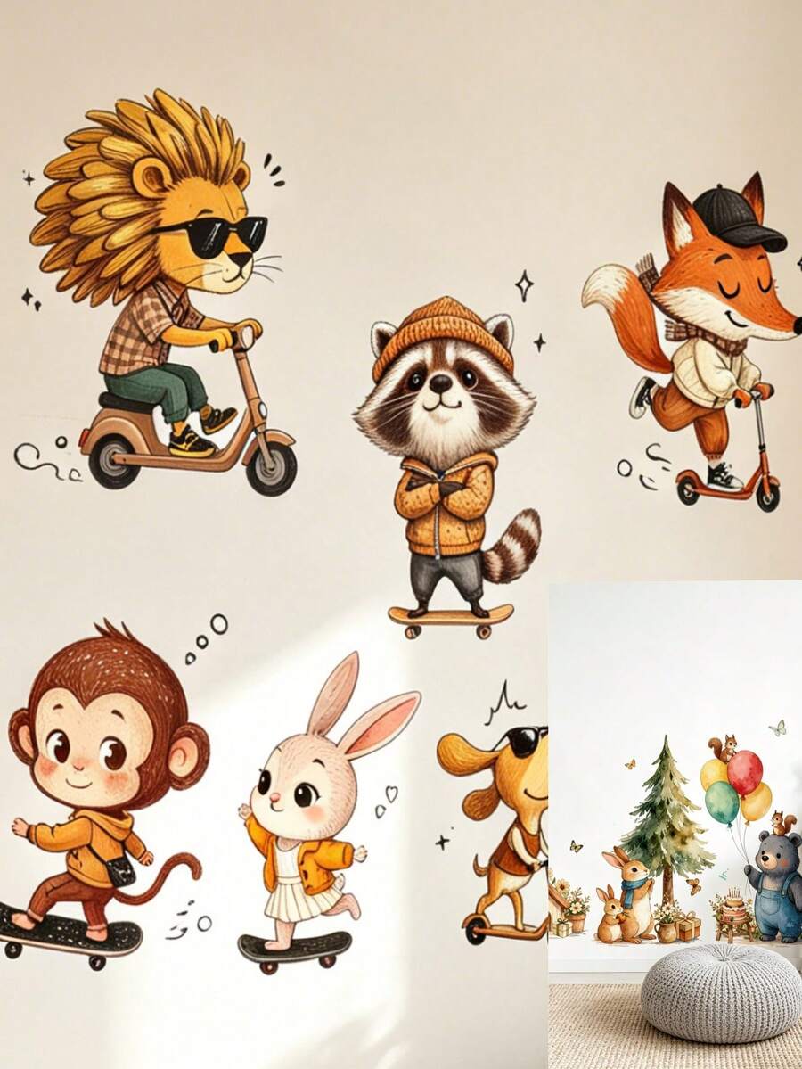 兒童房卡通動物牆貼,獅子與猴子卡通背景牆貼,可移除 - 彩色 - 查看 1