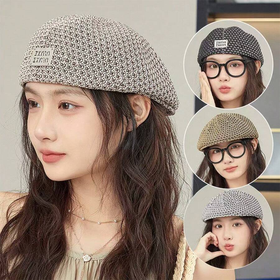 Summer Korean Style New Women's Beret Hat, Fashionable Elegant Versatile Sun Protection Knitted Hollow Artist Hat - A - View 1