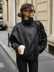 Women's Black PU Leather Jacket, Long Sleeve Zip-Up Bomber Jacket, Autumn/Winter Outerwear, Street Style - 黑色 - 查看 3