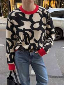 GIGOGOU Women's Autumn/Winter Colorblock Red Trim Round Neck Long Sleeve Knit Sweater, Casual Loose Fit Pullover - Red - View 4