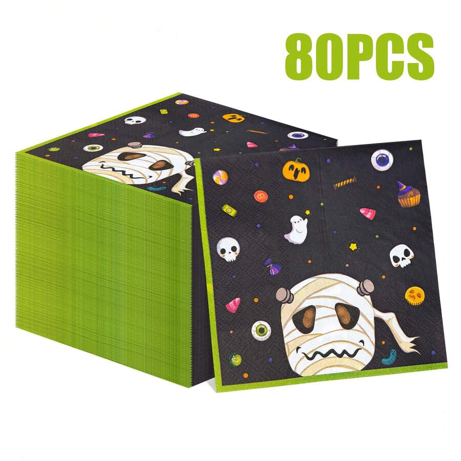 80pcs 13 * 13 Inch Disposable Halloween Printed Napkins, Featuring Cartoon Mummies, Skeletons, Bats, Spider Webs, And Ghost Patterns, Suitable For Halloween Parties, Themed Birthdays, Family Dinners, Outdoor Picnics, And Tabletop Decorations