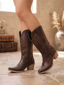 Brown Vintage Embroidered Women's Western Boots, V-Cut Pointed Toe Slimming Chunky Heel Outdoor Boots - Brown - View 4