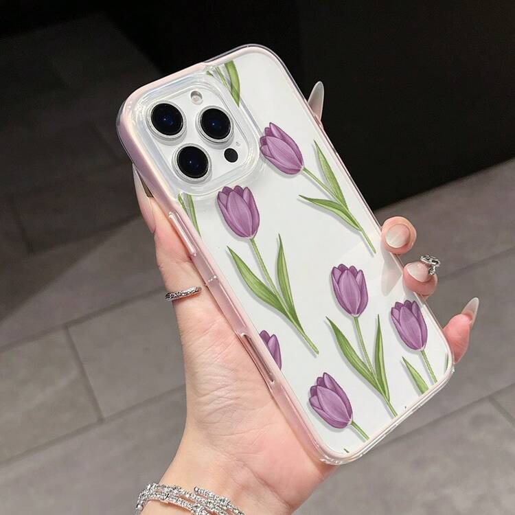 1pc Pink Butterfly Floral Pattern New Personalized Frame 2-In-1 Transparent Full Coverage TPU Shockproof Fashion Phone Case Compatible With IPhone 11 12 13 14 15 16 17 Pro Max - Multicolor - View 1