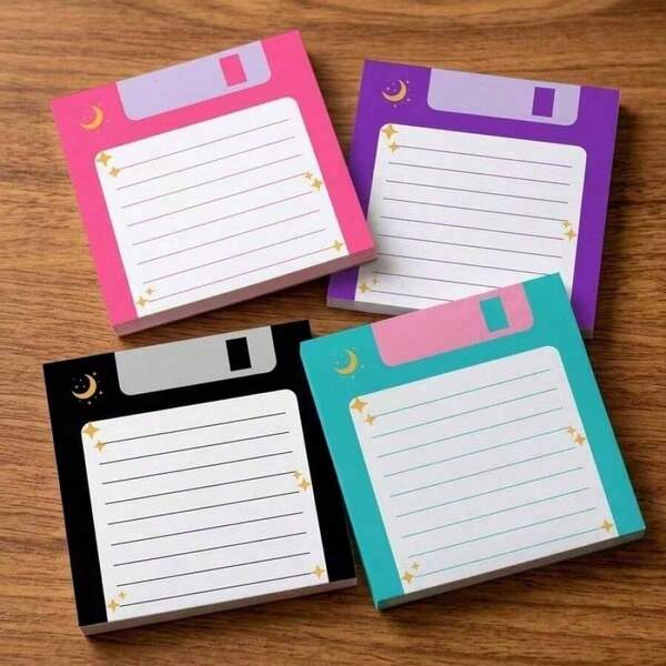 4pcs Cute Retro Floppy Disk Shaped Sticky Notes, 4 Color Decorative Memo Pad, Retro Computer Style Notebook, Suitable For Desktop Office Student Stationery